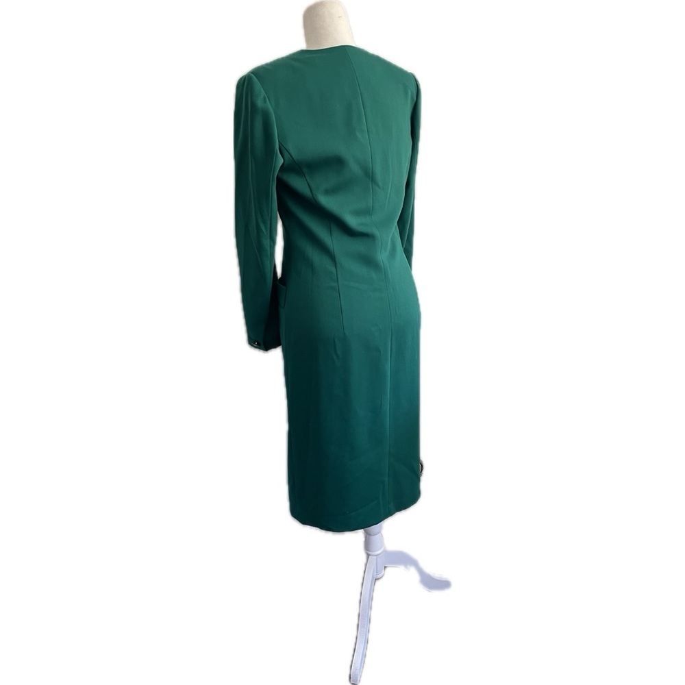 Vintage 90s Louis Feraud Dark Green Virgin Wool Black Midi Dress Womens Size 8 - Picture 3 of 10